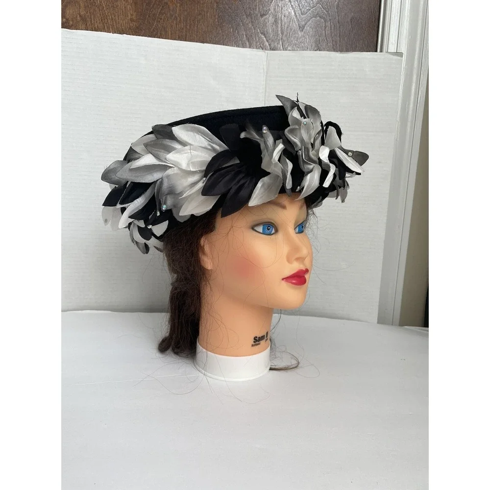Vintage Wool Hat Black Doeskin Felt Bollman Black w/wreath Theater Costume USA
